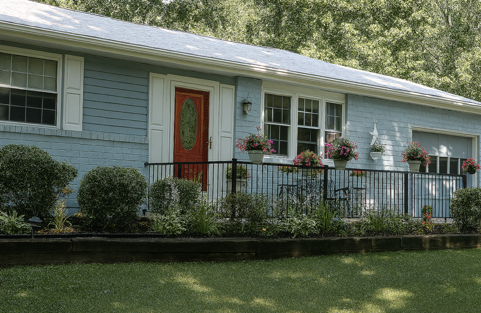 Light blue ranch home with both siding and brick painted the same color